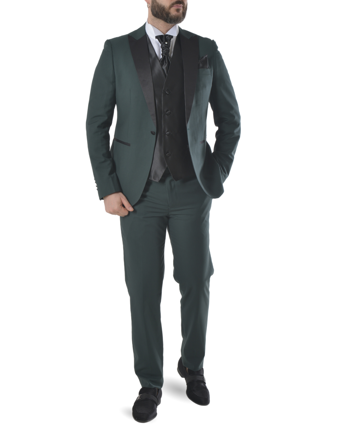 Abito completo elegante con gilet e cravattone art smoking verde scuro con petto a lancia