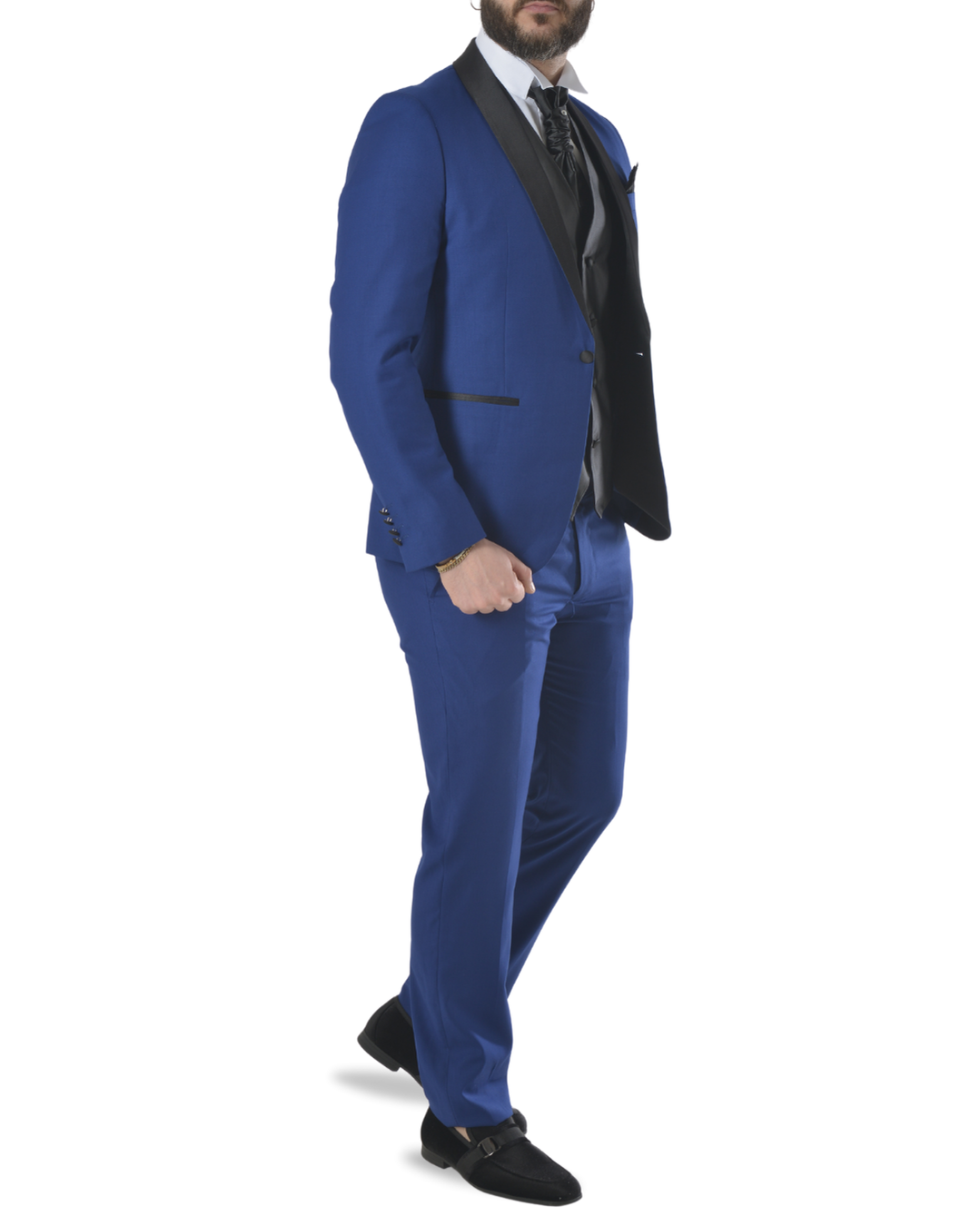 Abito completo elegante con gilet e cravattone art smoking azzurro elettrico