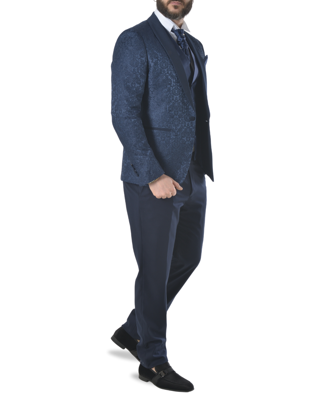 Abito completo elegante con gilet e cravattone art smoking damascato blu