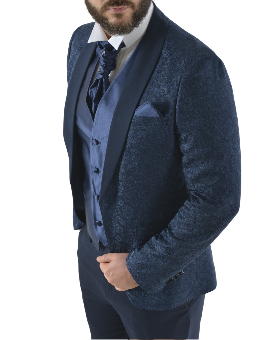 Abito completo elegante con gilet e cravattone art smoking damascato blu
