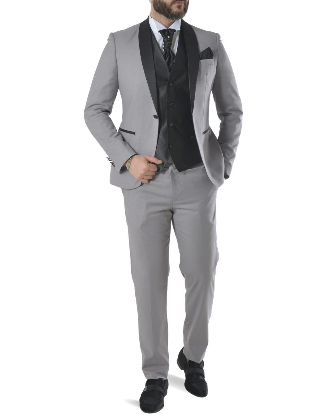 Abito completo elegante con gilet e cravattone art smoking grigio chiaro