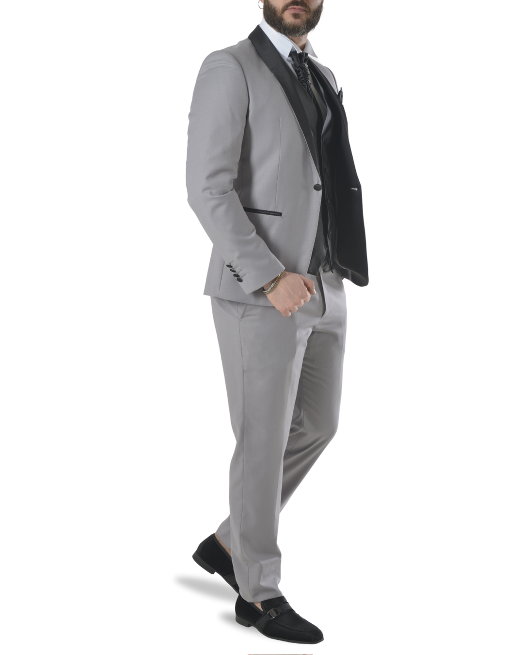 Abito completo elegante con gilet e cravattone art smoking grigio chiaro