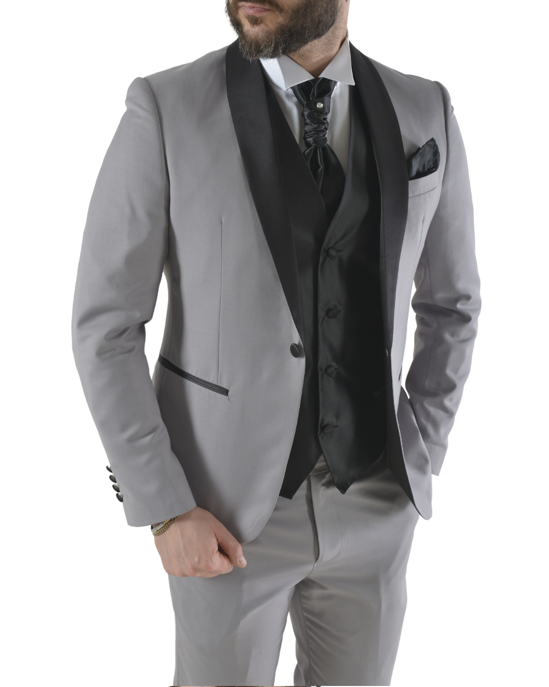 Abito completo elegante con gilet e cravattone art smoking grigio chiaro