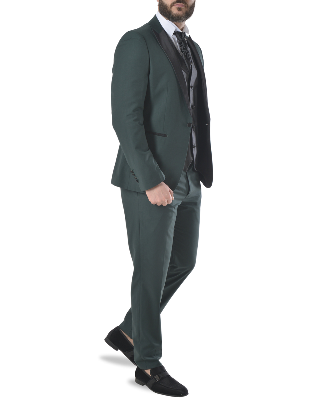 Abito completo elegante con gilet e cravattone art smoking verde scuro con petto a lancia