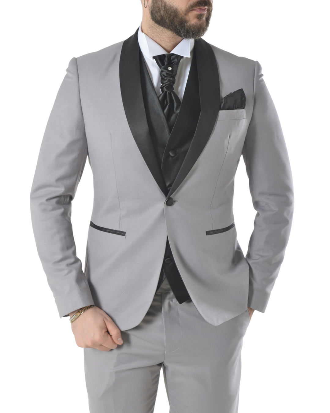 Abito completo elegante con gilet e cravattone art smoking grigio chiaro