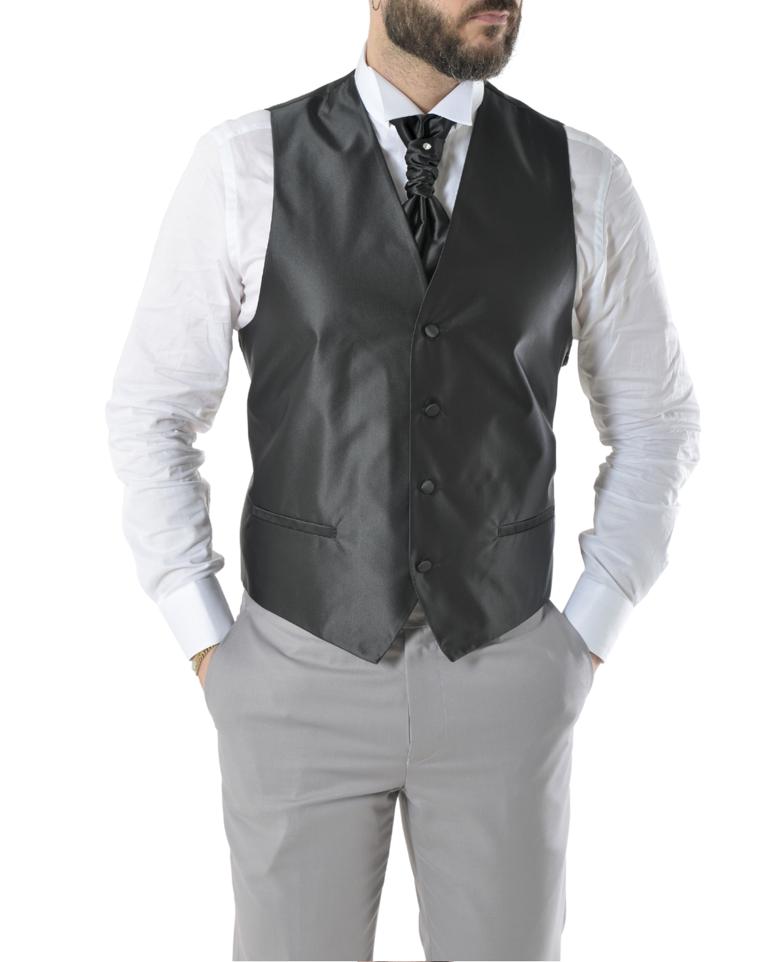 Abito completo elegante con gilet e cravattone art smoking grigio chiaro
