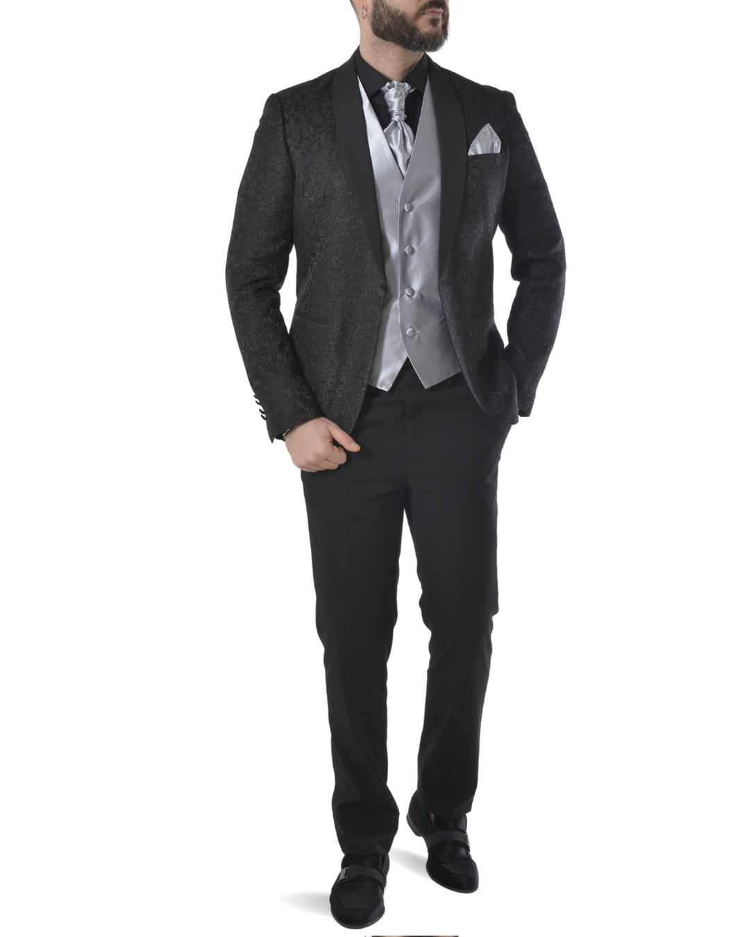 Abito completo elegante con gilet e cravattone art damascato nero