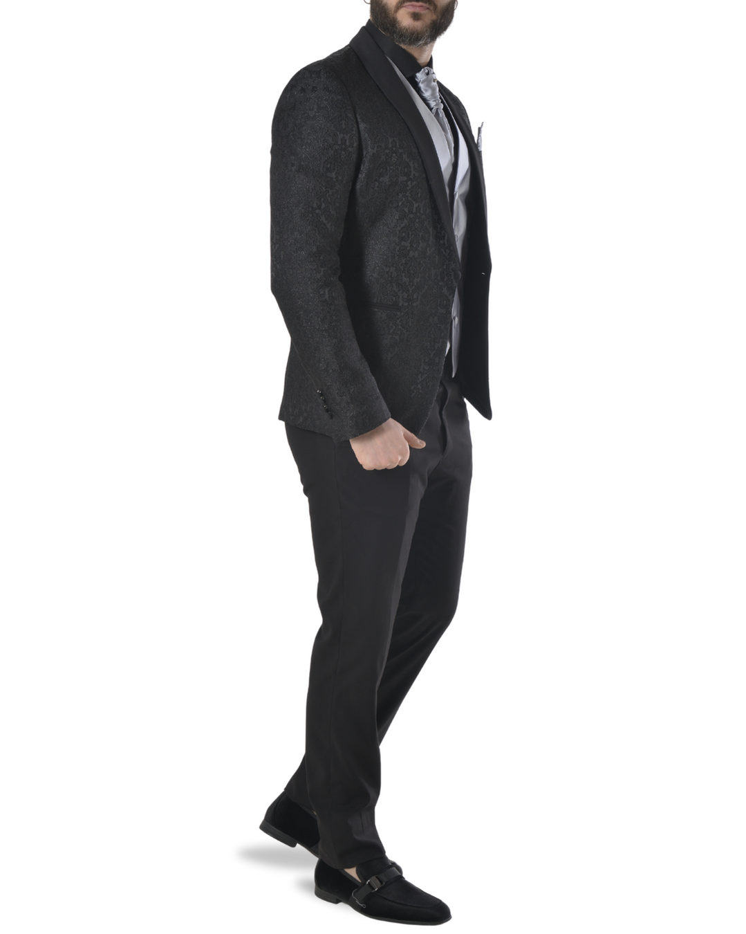Abito completo elegante con gilet e cravattone art damascato nero