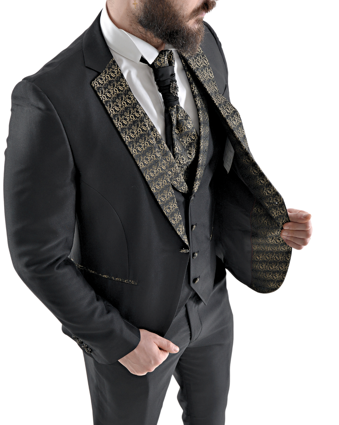 Abito completo elegante con gilet e cravattone art smoking nero e oro