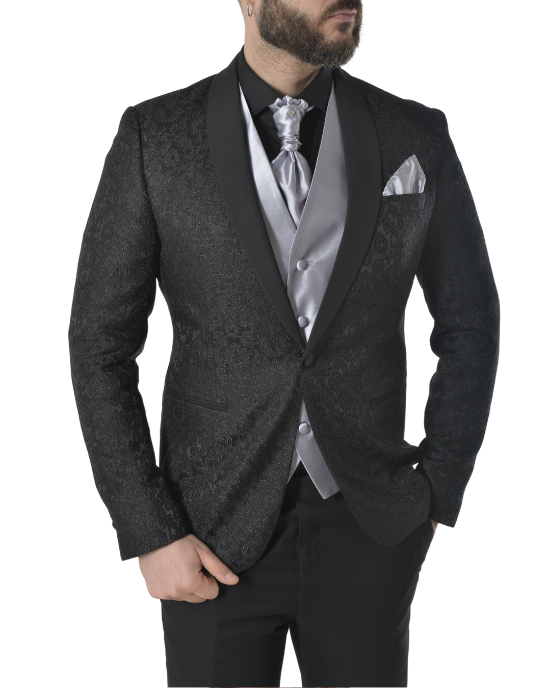 Abito completo elegante con gilet e cravattone art damascato nero