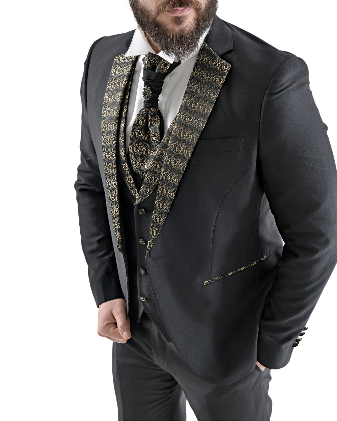 Abito completo elegante con gilet e cravattone art smoking nero e oro