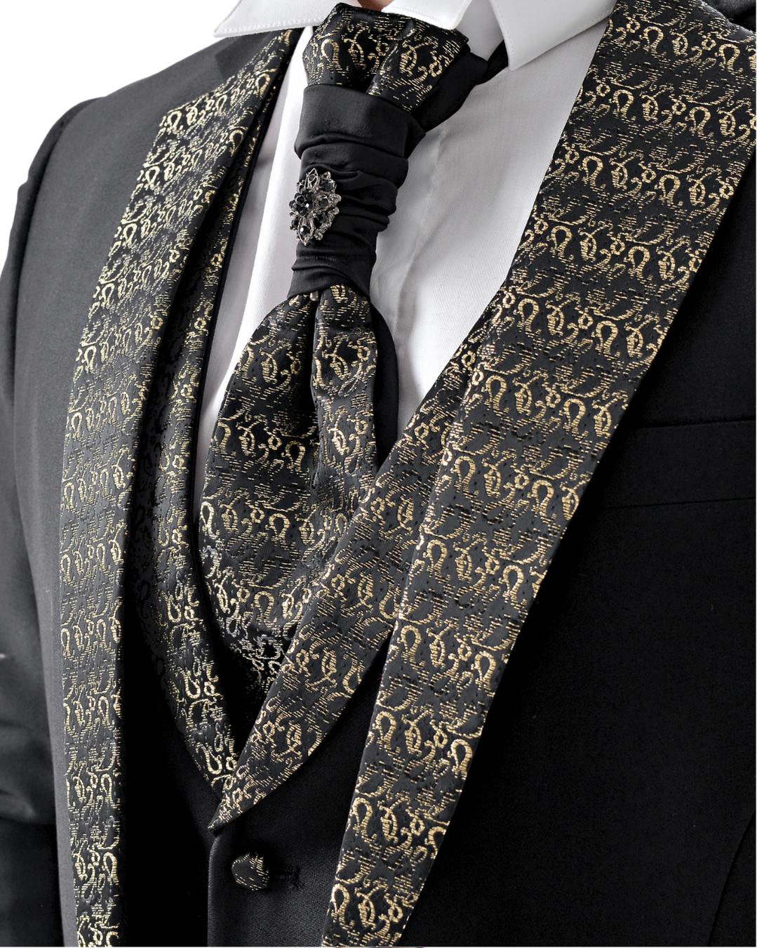 Abito completo elegante con gilet e cravattone art smoking nero e oro