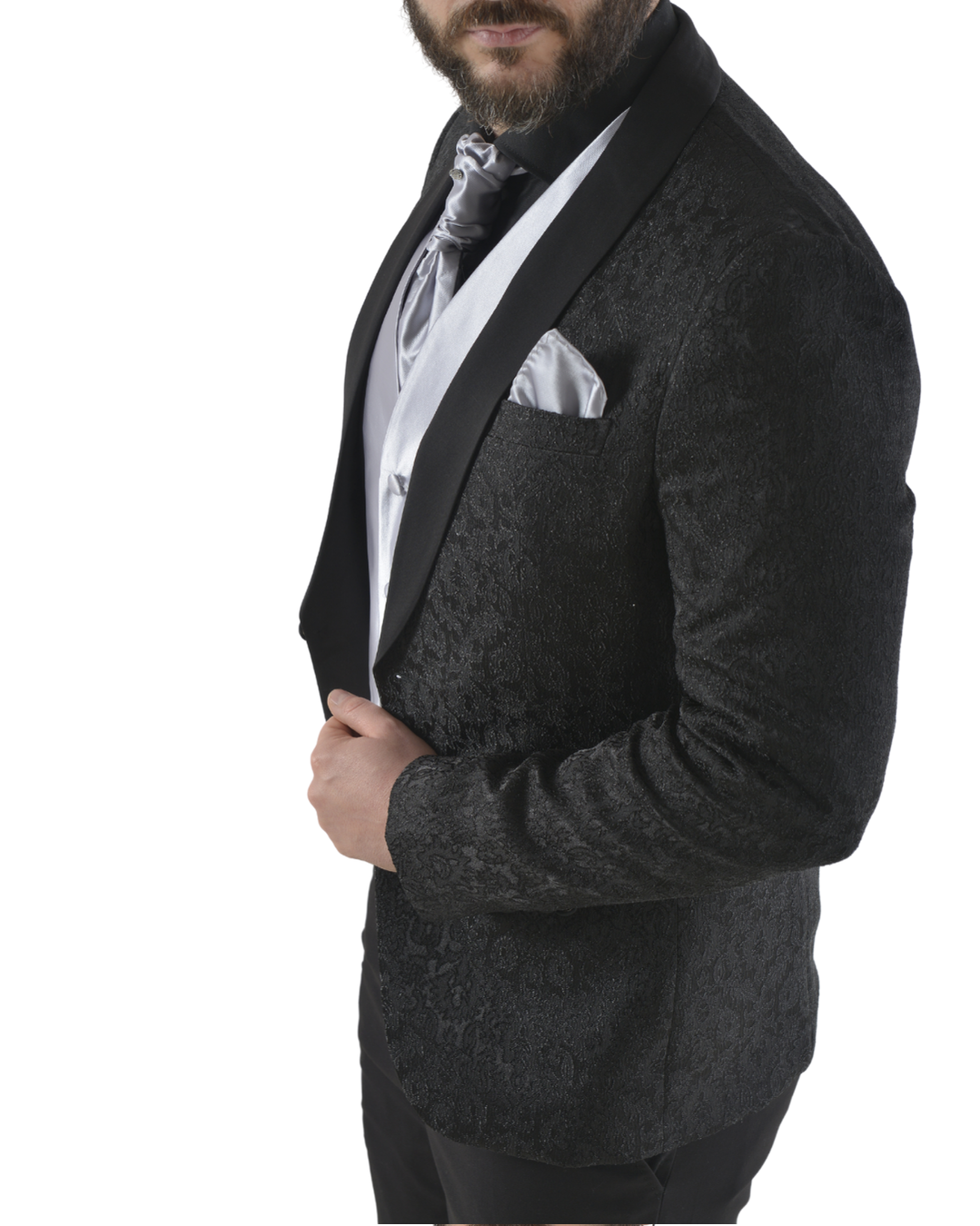Abito completo elegante con gilet e cravattone art damascato nero