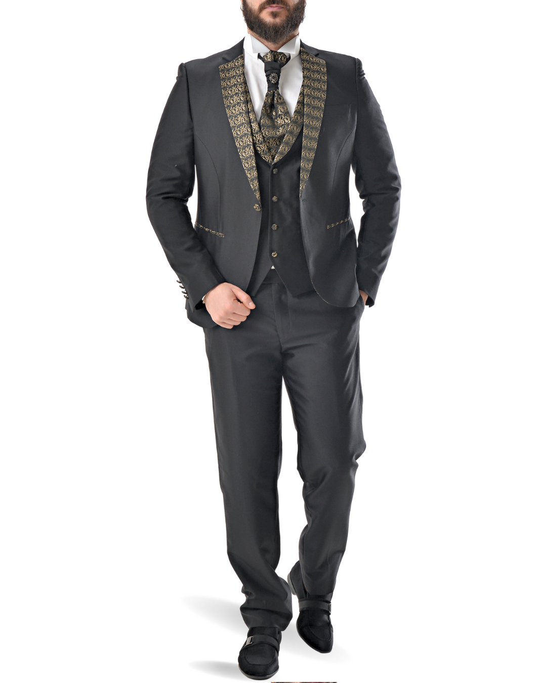 Abito completo elegante con gilet e cravattone art smoking nero e oro