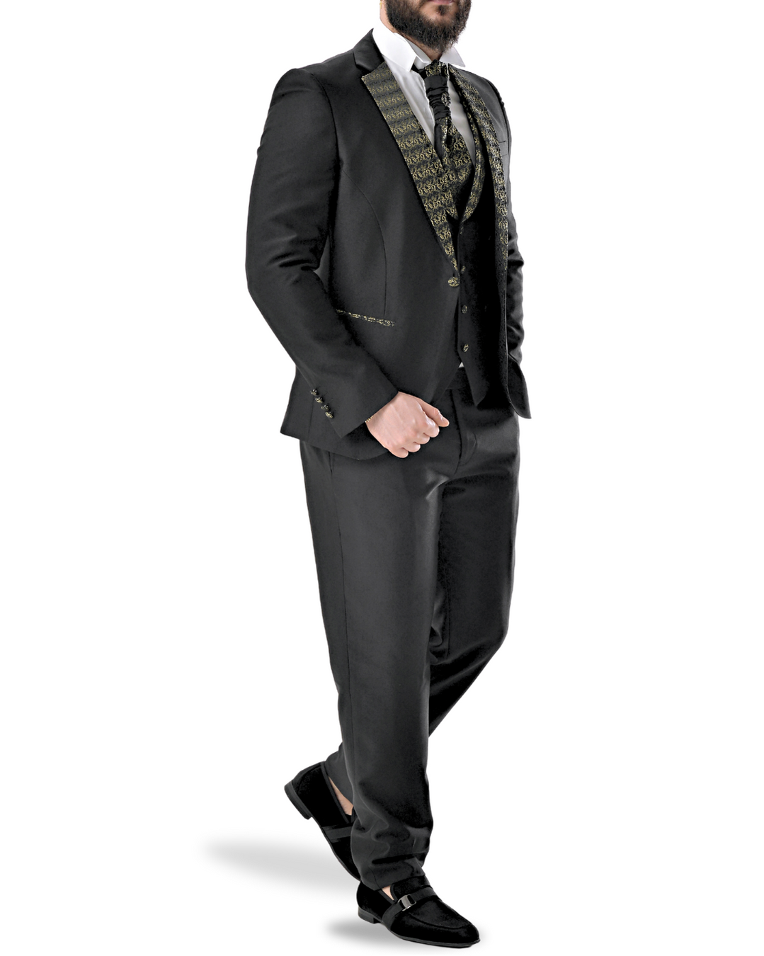 Abito completo elegante con gilet e cravattone art smoking nero e oro