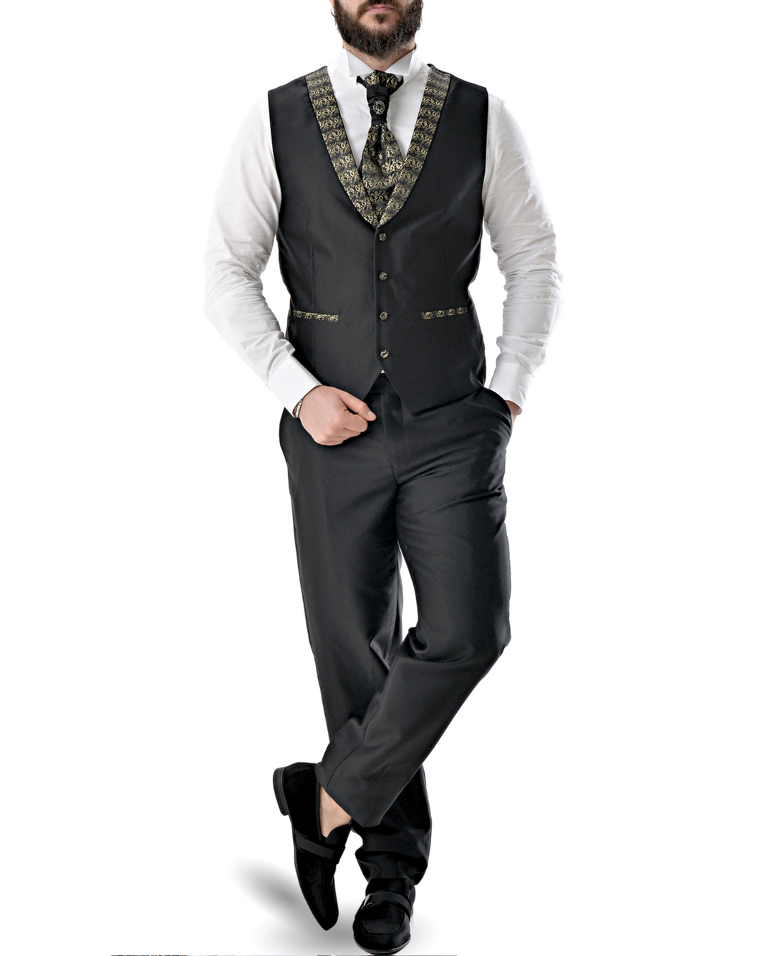 Abito completo elegante con gilet e cravattone art smoking nero e oro