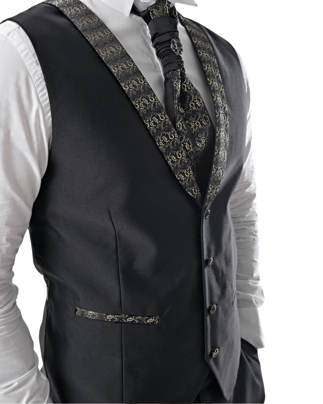 Abito completo elegante con gilet e cravattone art smoking nero e oro