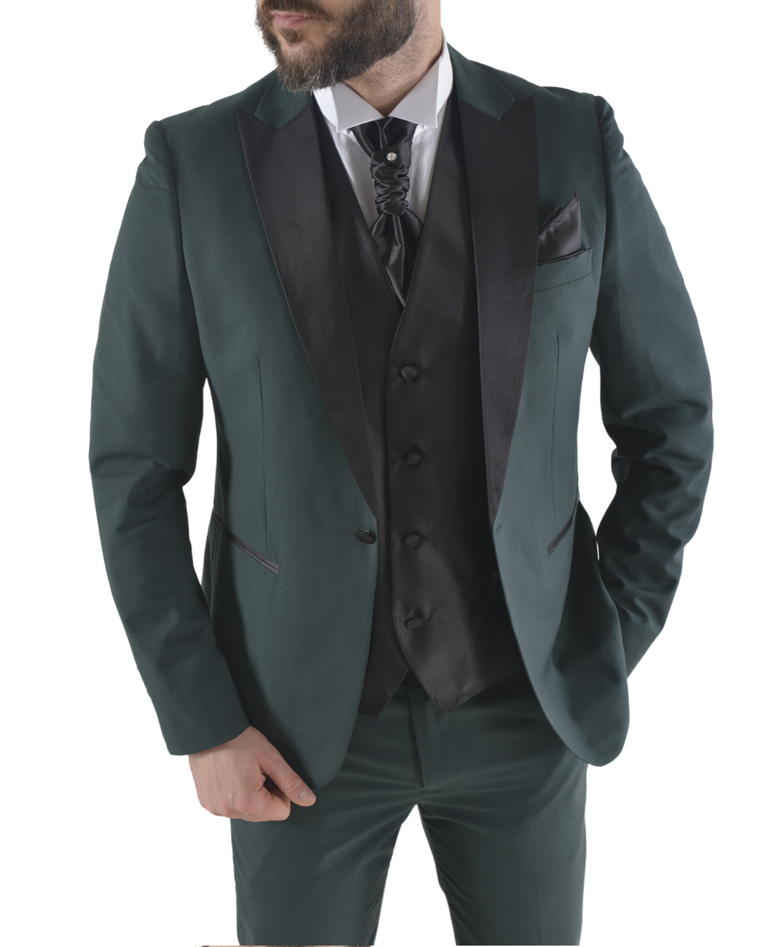 Abito completo elegante con gilet e cravattone art smoking verde scuro con petto a lancia