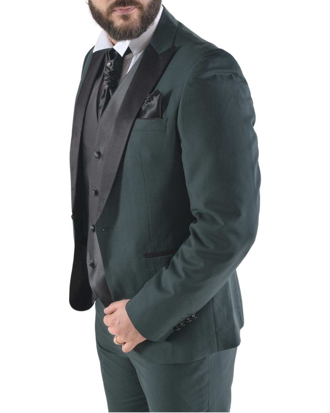 Abito completo elegante con gilet e cravattone art smoking verde scuro con petto a lancia