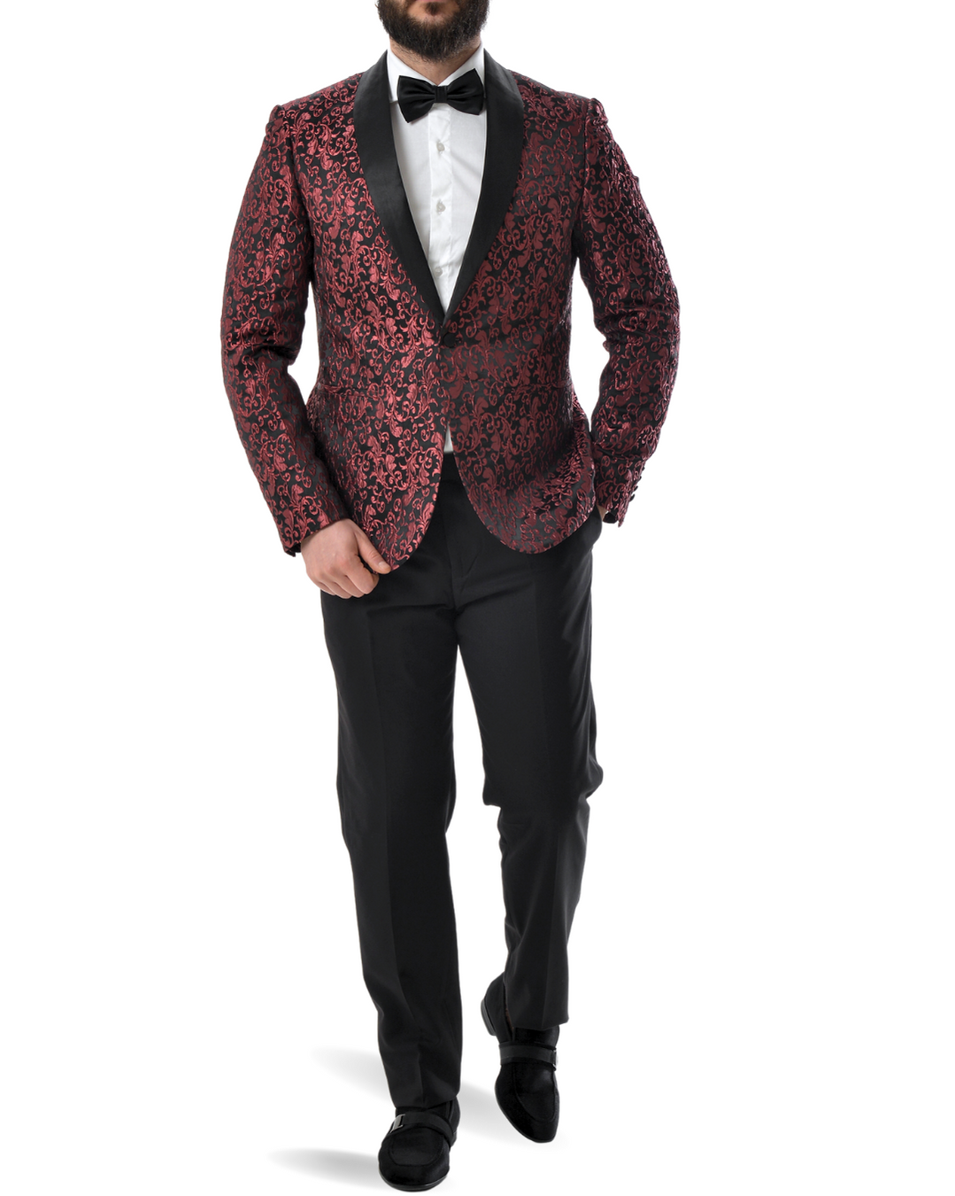 Abito completo giacca e pantalone smoking damascato bordeaux