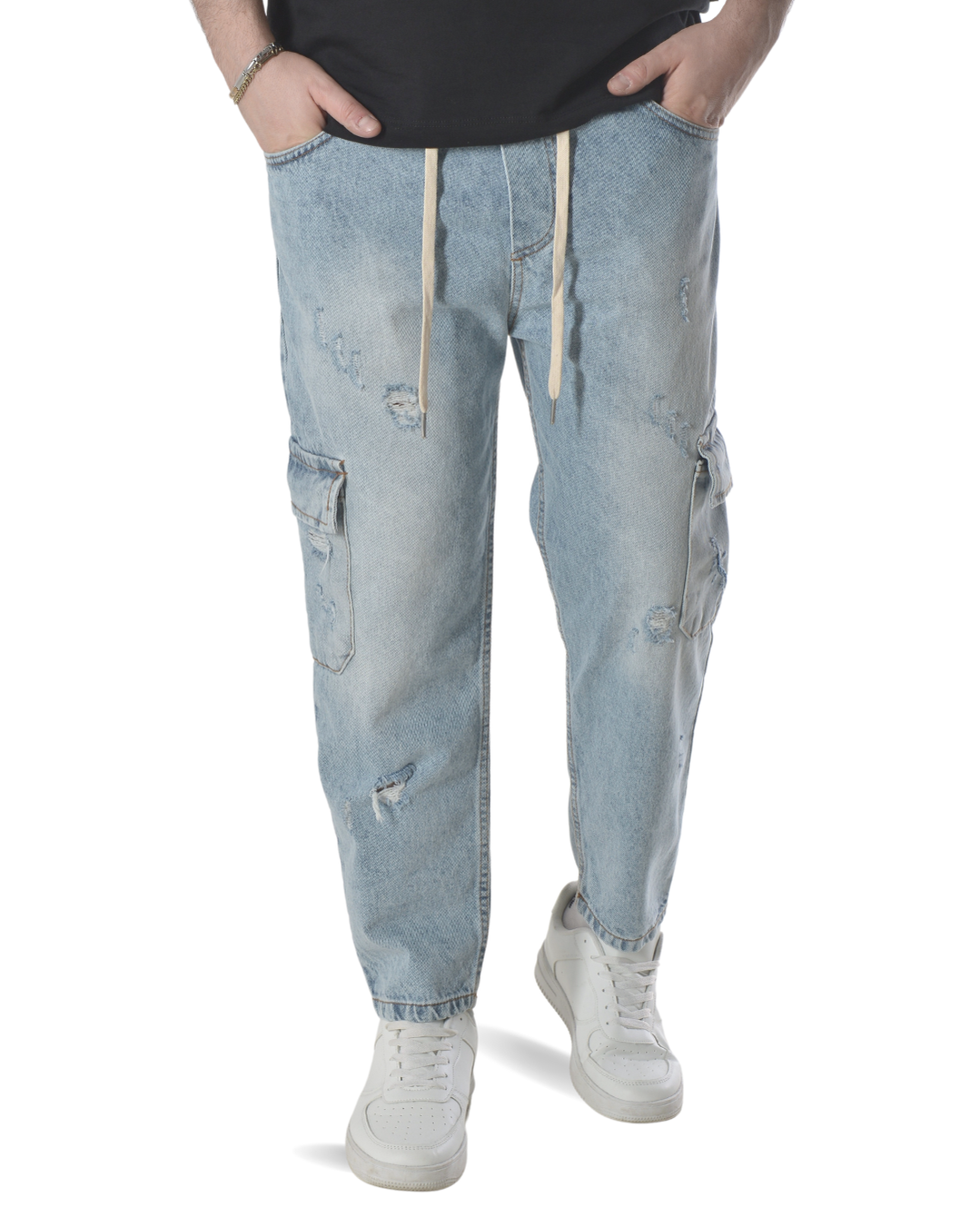 Jeans cargo art varenne loose fit denim chiaro con piccole rotture