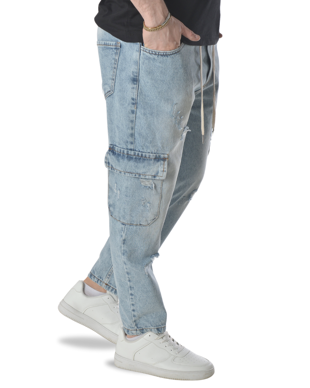 Jeans cargo art varenne loose fit denim chiaro con piccole rotture