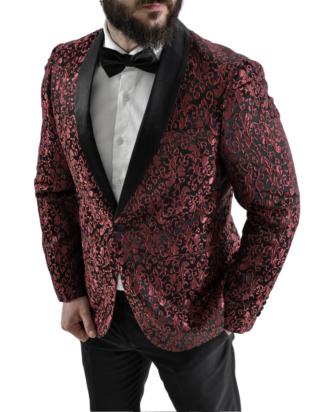 Abito completo giacca e pantalone smoking damascato bordeaux