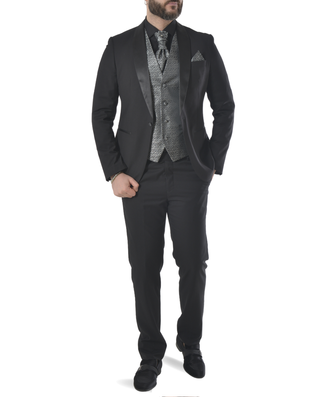 Abito completo elegante con gilet e cravattone art smoking nero