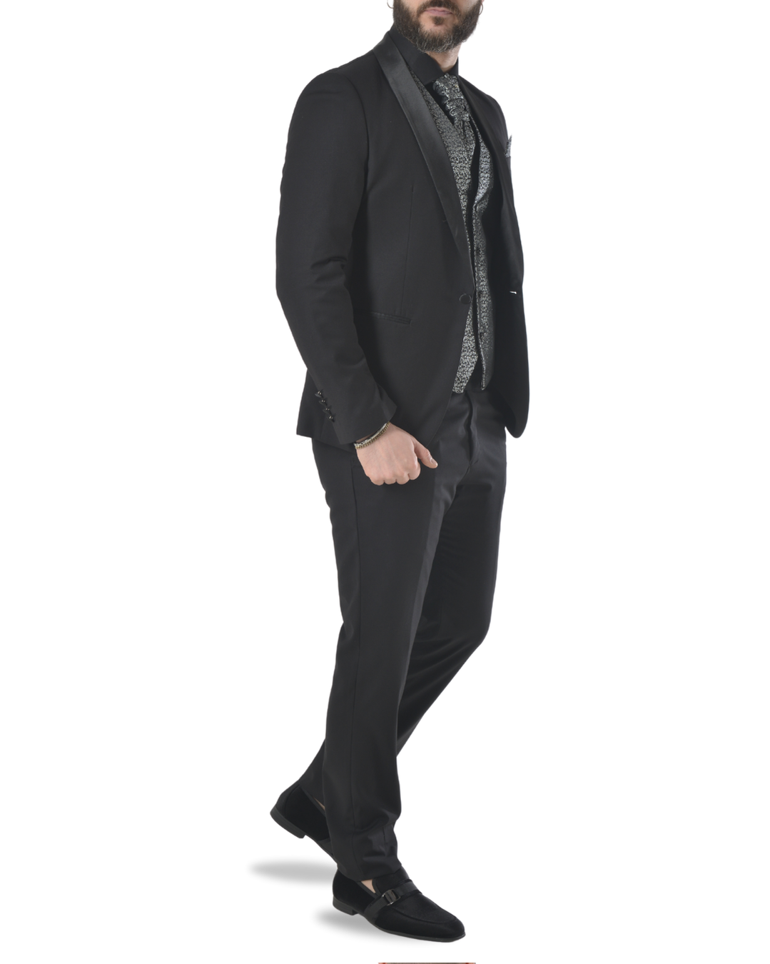 Abito completo elegante con gilet e cravattone art smoking nero
