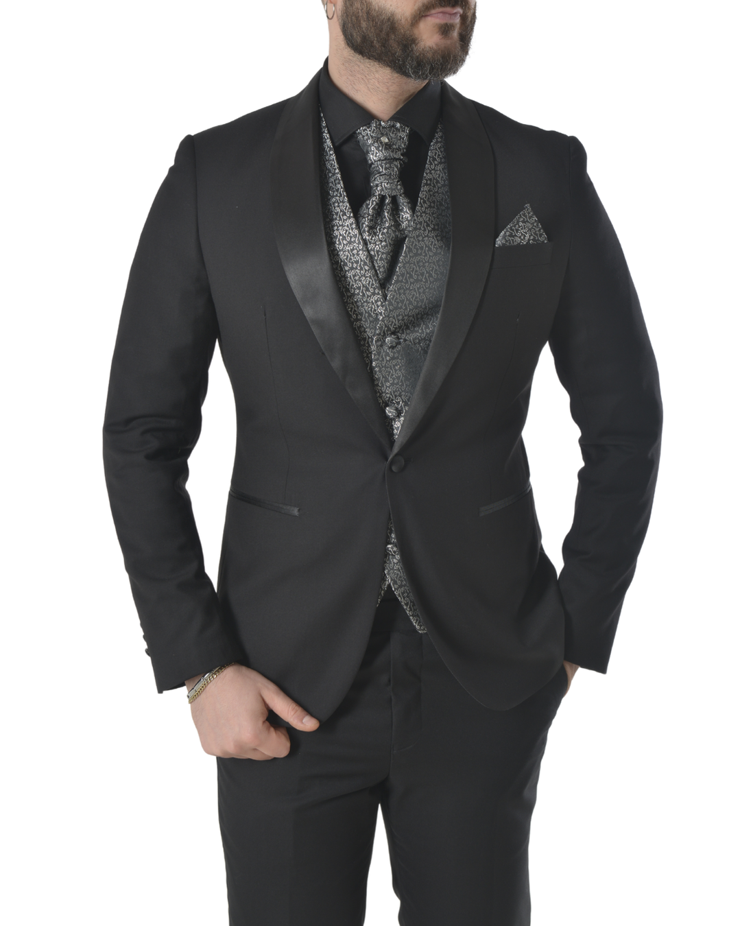 Abito completo elegante con gilet e cravattone art smoking nero