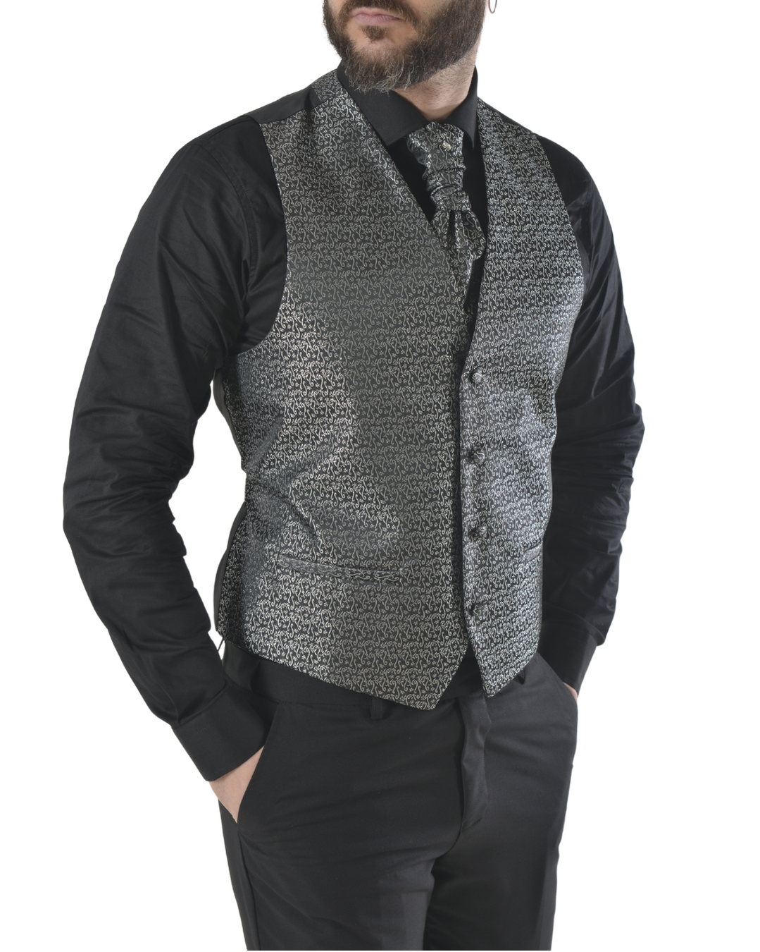 Abito completo elegante con gilet e cravattone art smoking nero