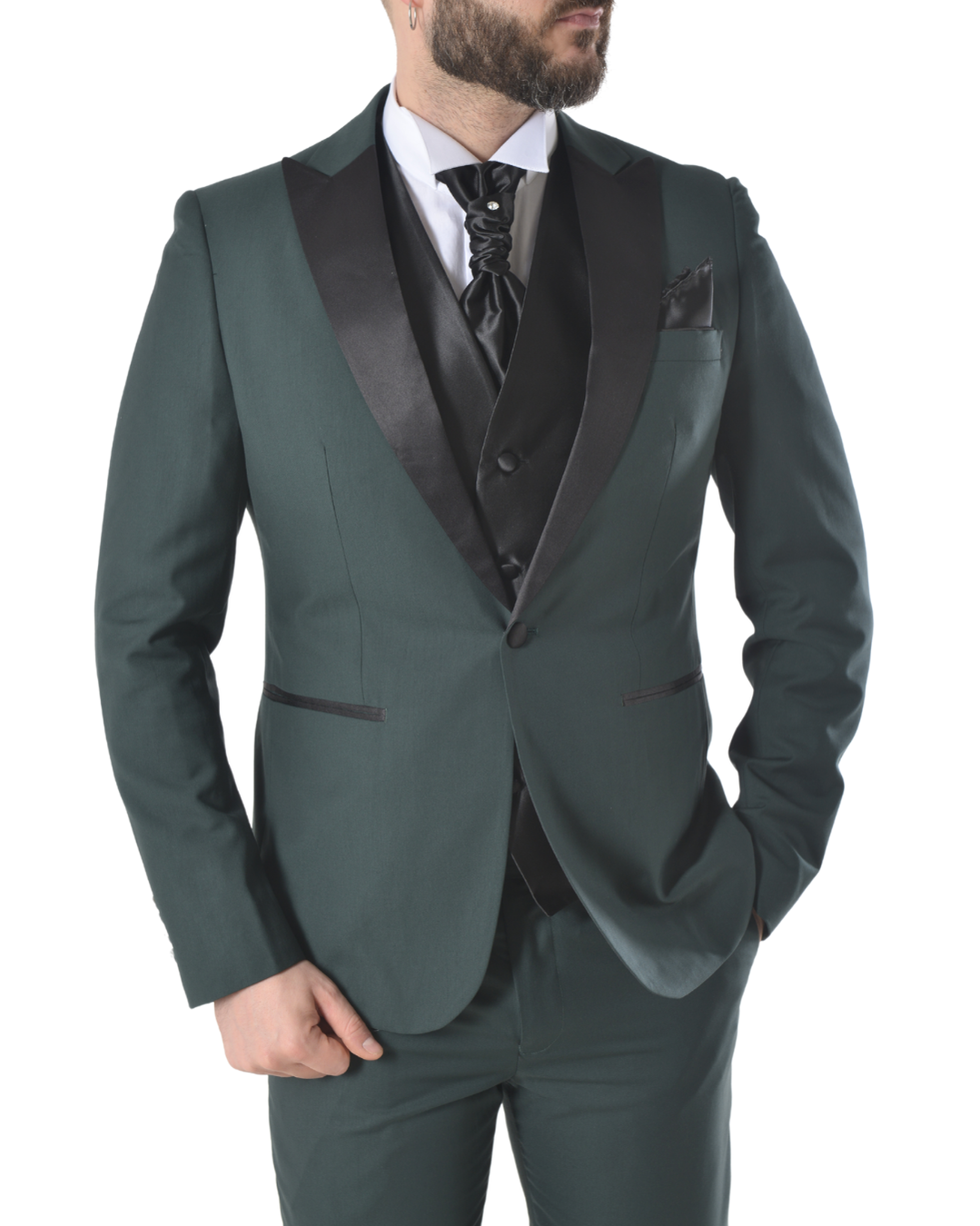 Abito completo elegante con gilet e cravattone art smoking verde scuro con petto a lancia