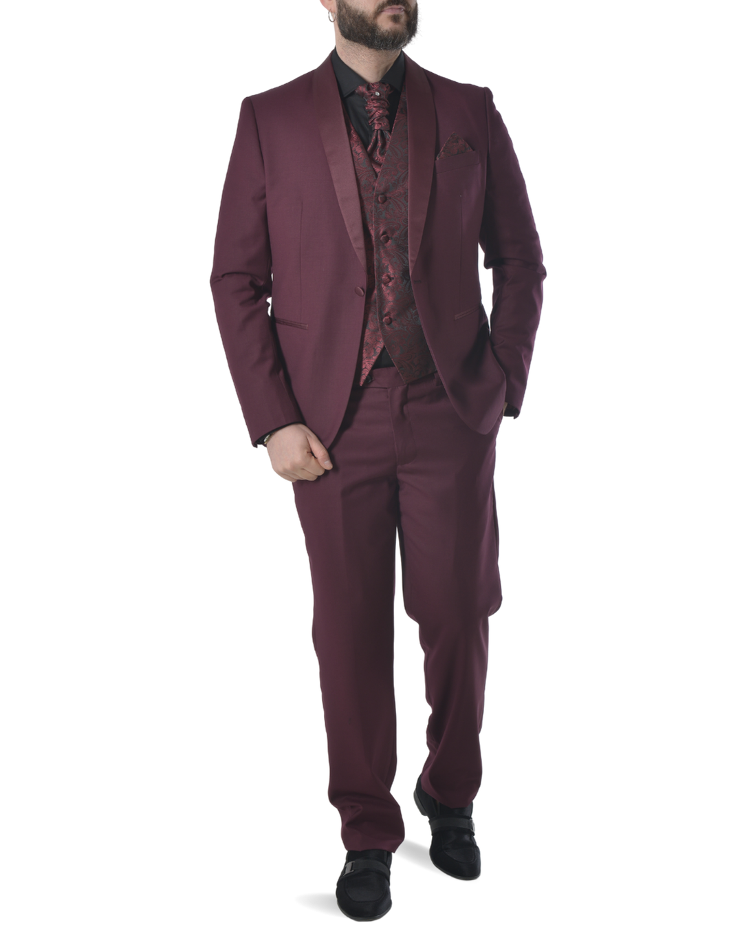 Abito completo elegante con gilet e cravattone art smoking bordeaux