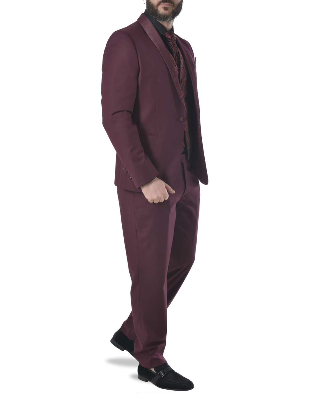 Abito completo elegante con gilet e cravattone art smoking bordeaux