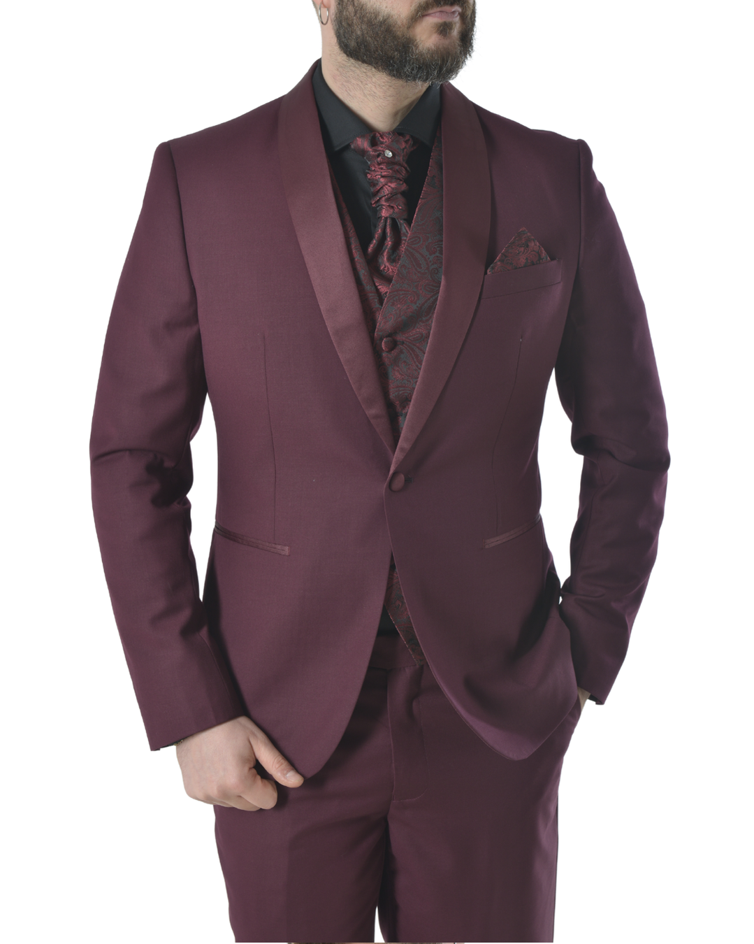 Abito completo elegante con gilet e cravattone art smoking bordeaux