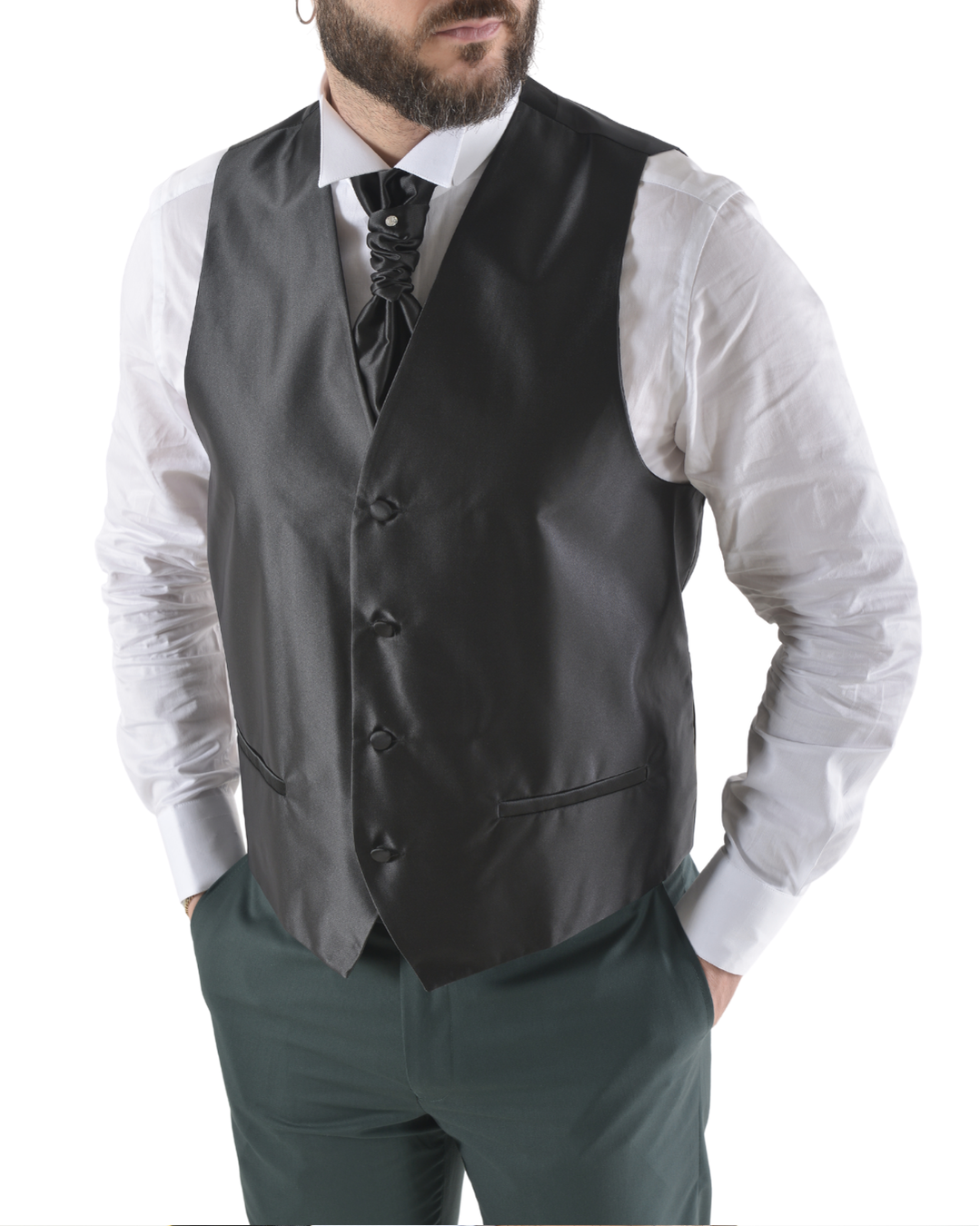 Abito completo elegante con gilet e cravattone art smoking verde scuro con petto a lancia