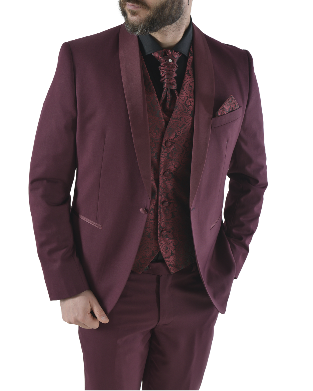 Abito completo elegante con gilet e cravattone art smoking bordeaux