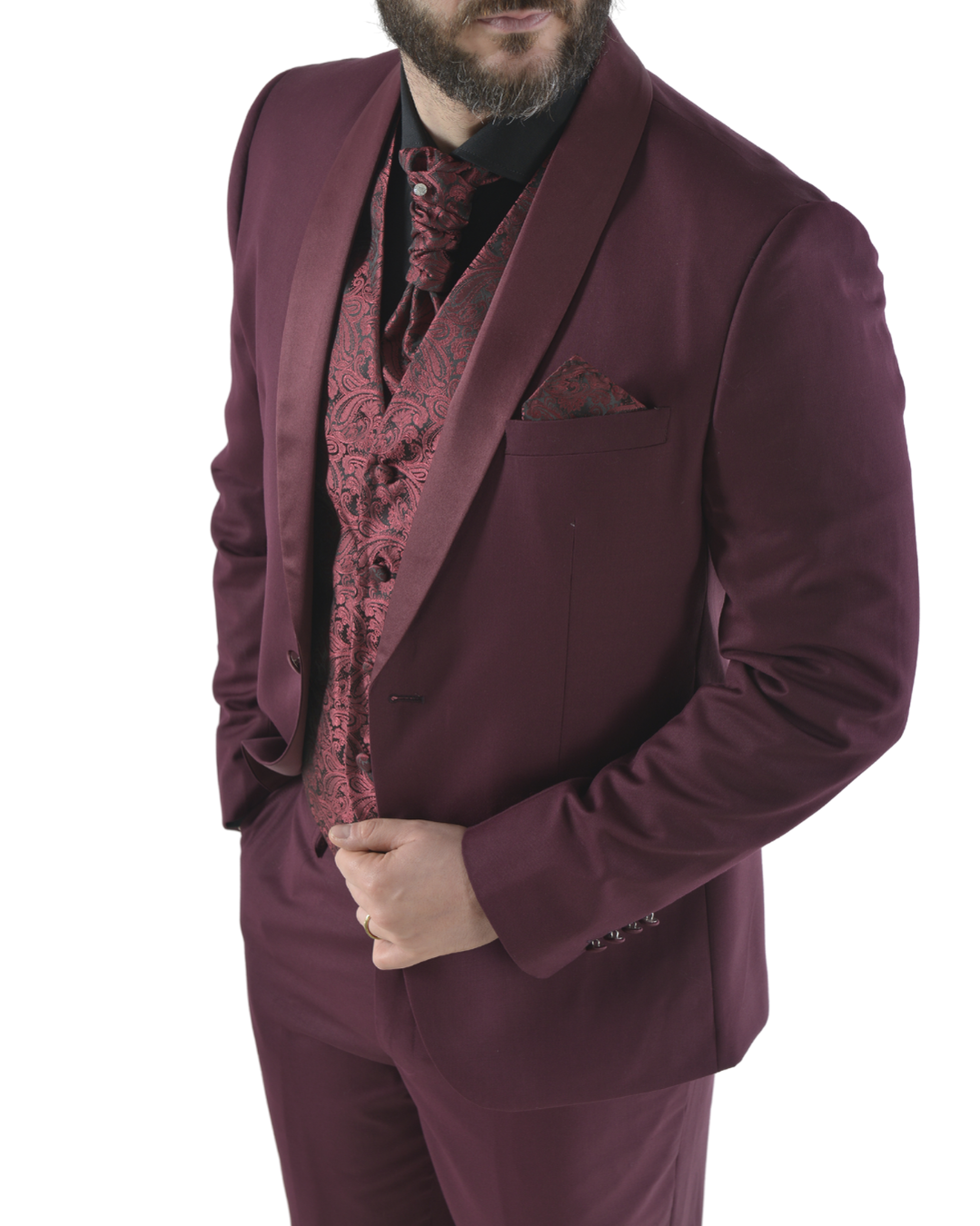 Abito completo elegante con gilet e cravattone art smoking bordeaux