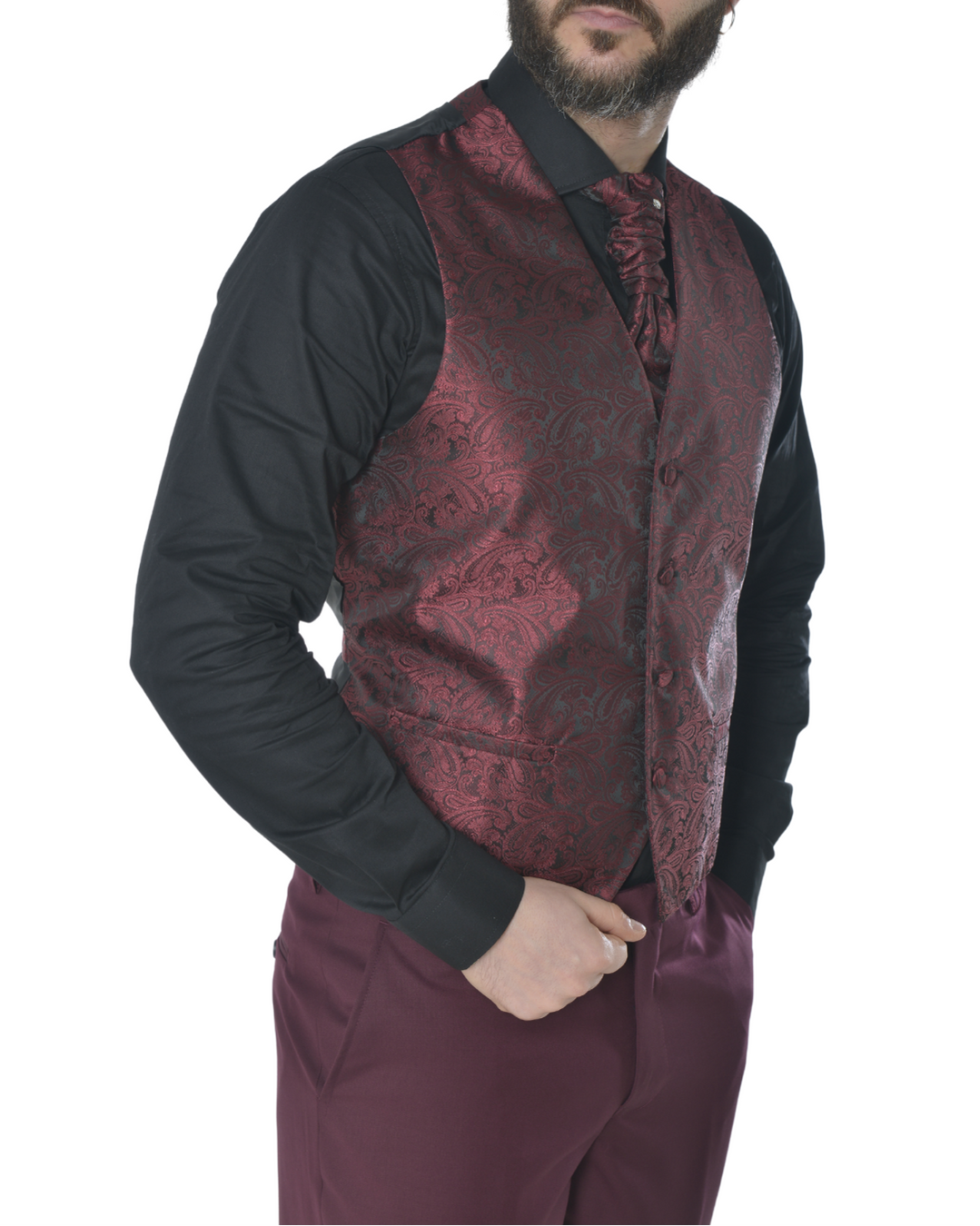 Abito completo elegante con gilet e cravattone art smoking bordeaux