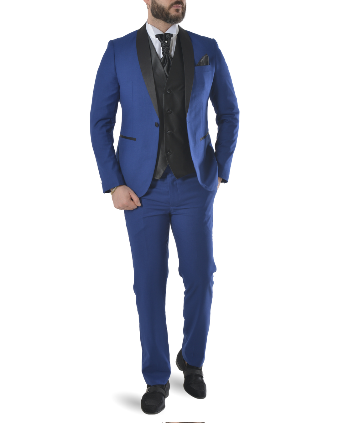 Abito completo elegante con gilet e cravattone art smoking azzurro elettrico