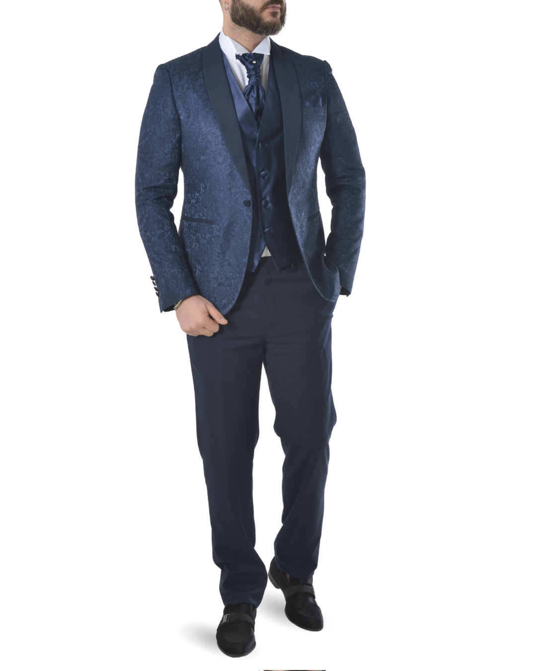 Abito completo elegante con gilet e cravattone art smoking damascato blu
