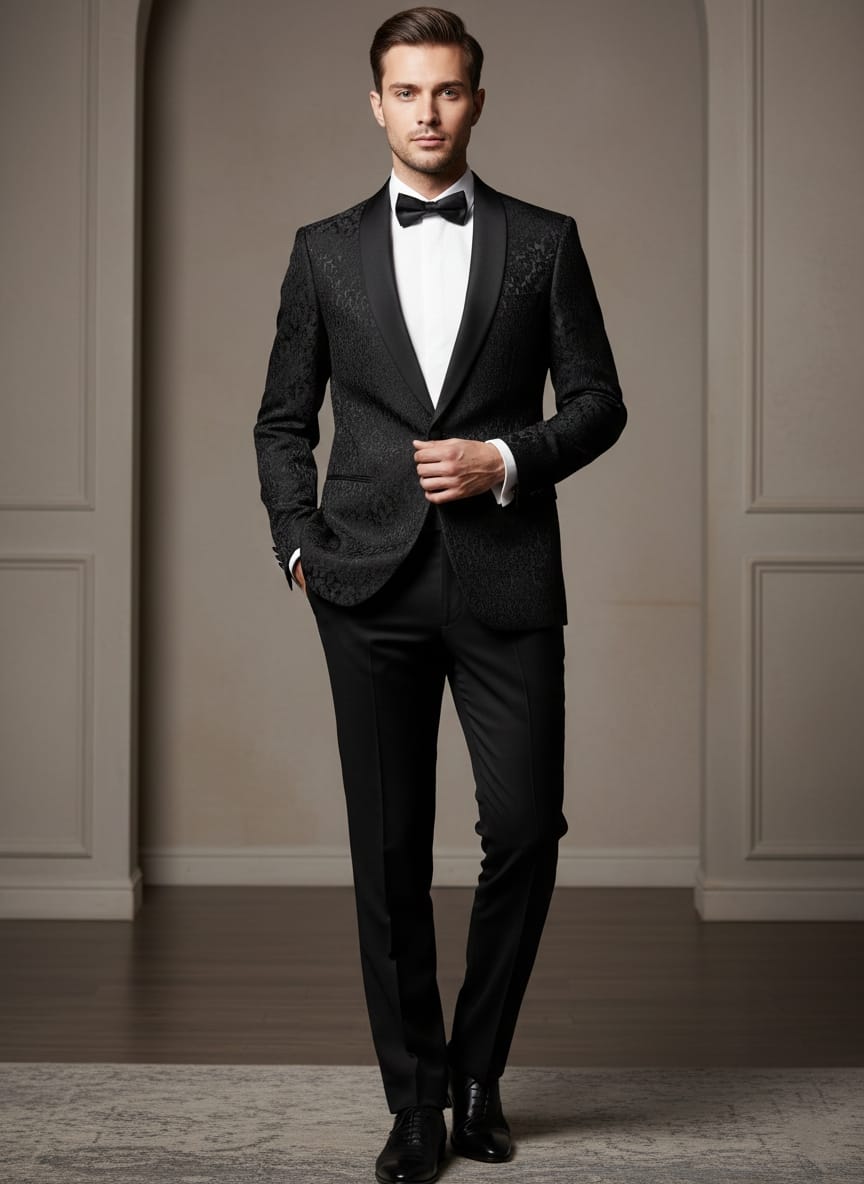 Abito completo giacca e pantalone smoking damascato nero