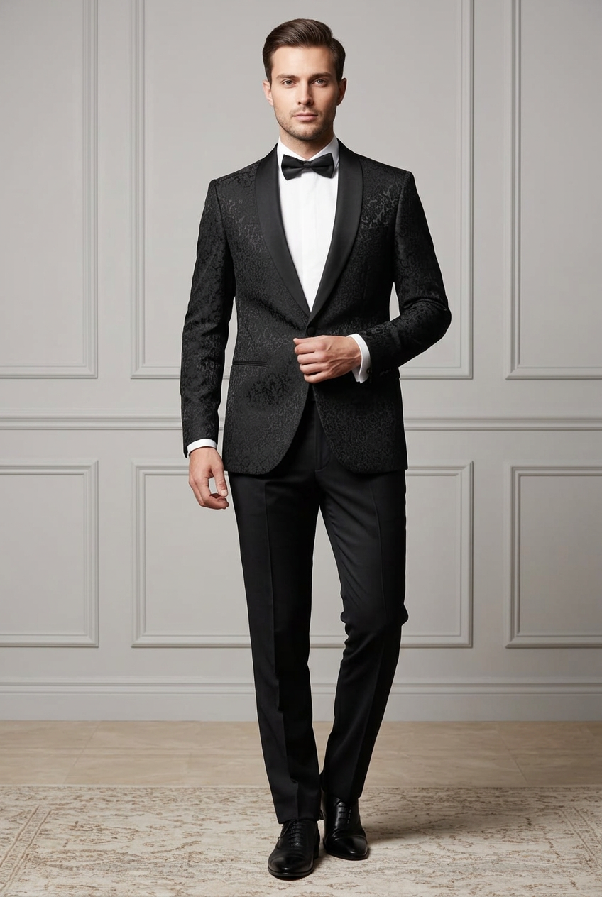 Abito completo giacca e pantalone smoking damascato nero