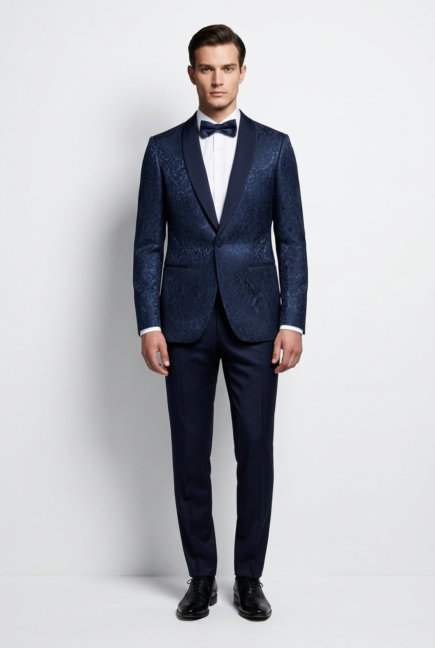 Abito completo giacca e pantalone smoking damascato blu