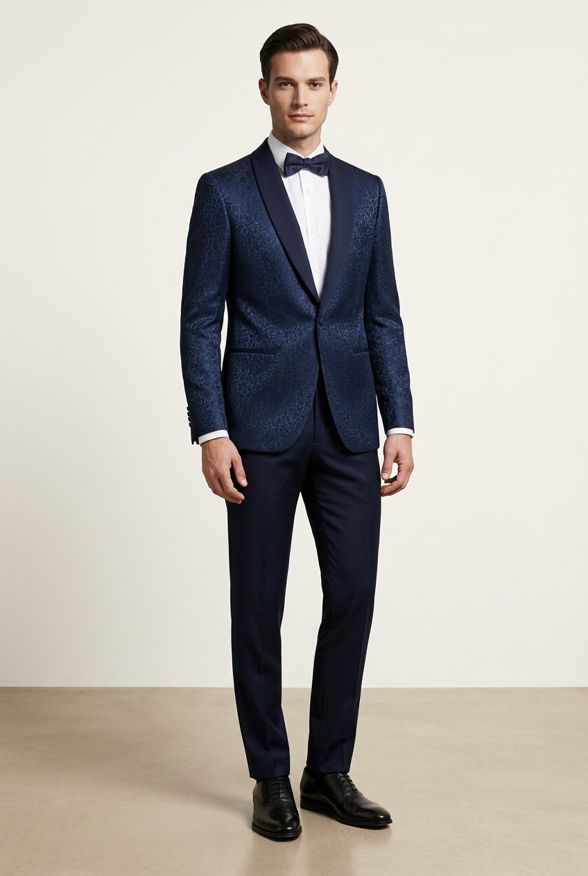 Abito completo giacca e pantalone smoking damascato blu