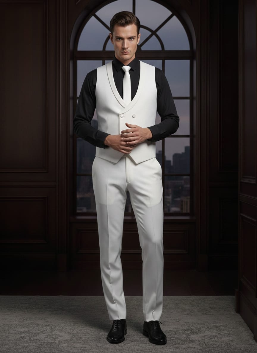 Abito completo giacca pantalone e gilet bianco monaco