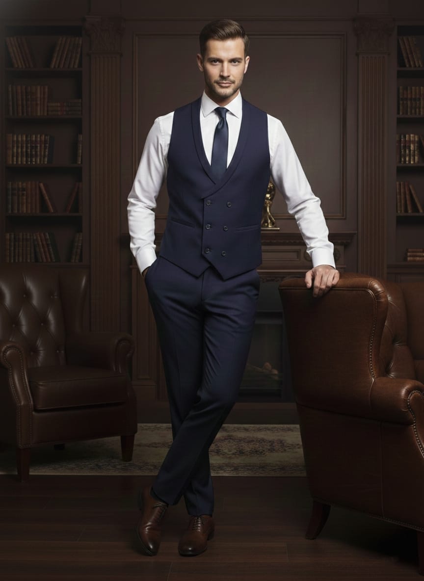 Abito completo giacca pantalone e gilet blu scuro monaco