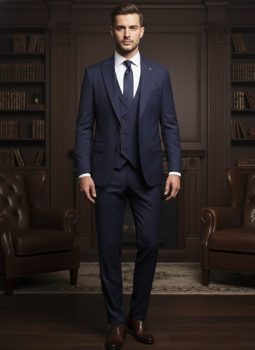 Abito completo giacca pantalone e gilet blu scuro monaco