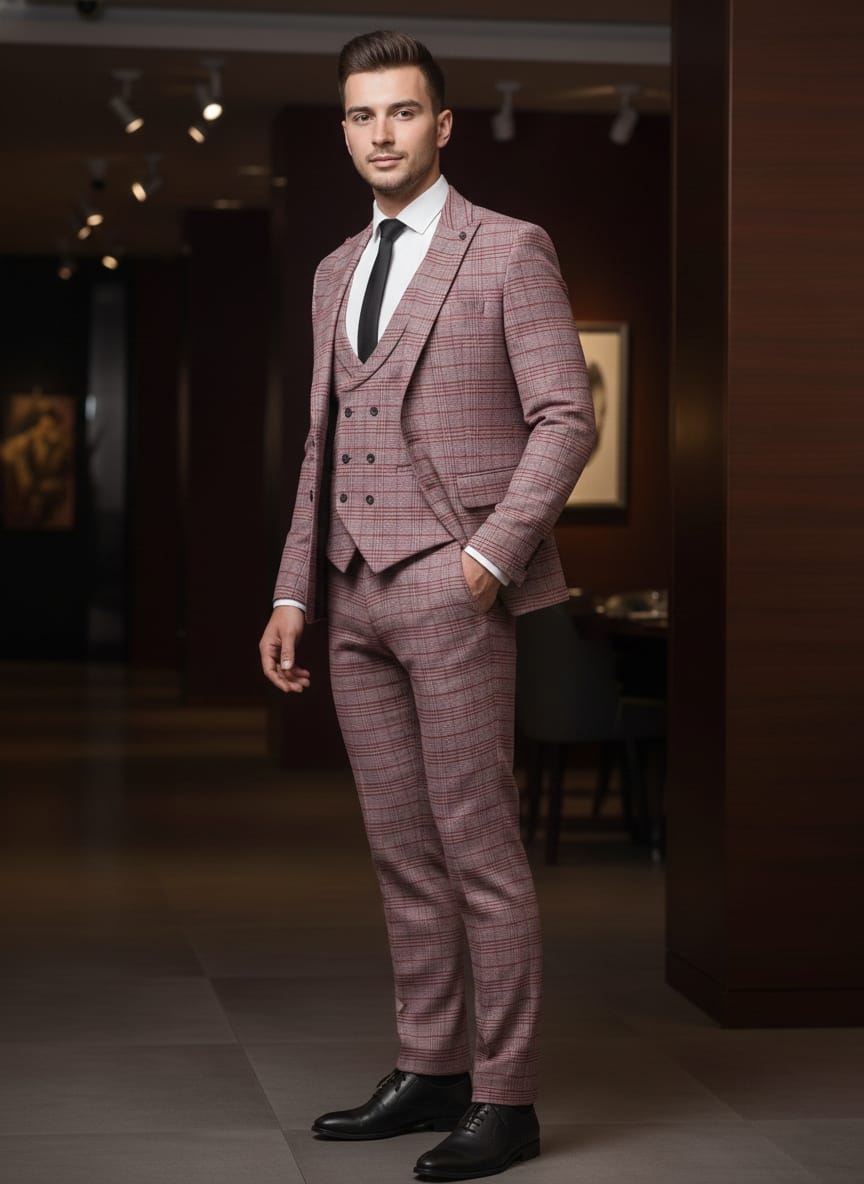 Abito completo giacca pantalone e gilet rosso quadro dandy