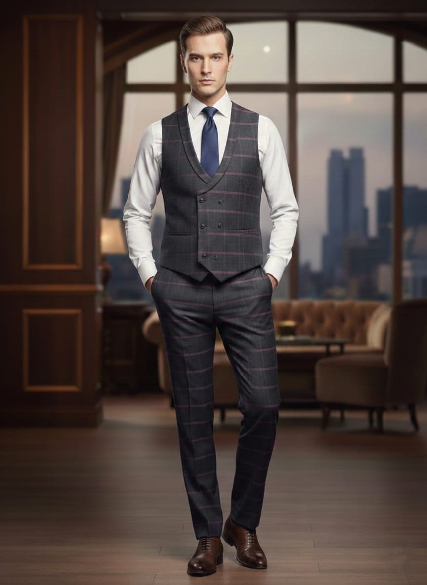 Abito completo giacca pantalone e gilet blu quadro dandy